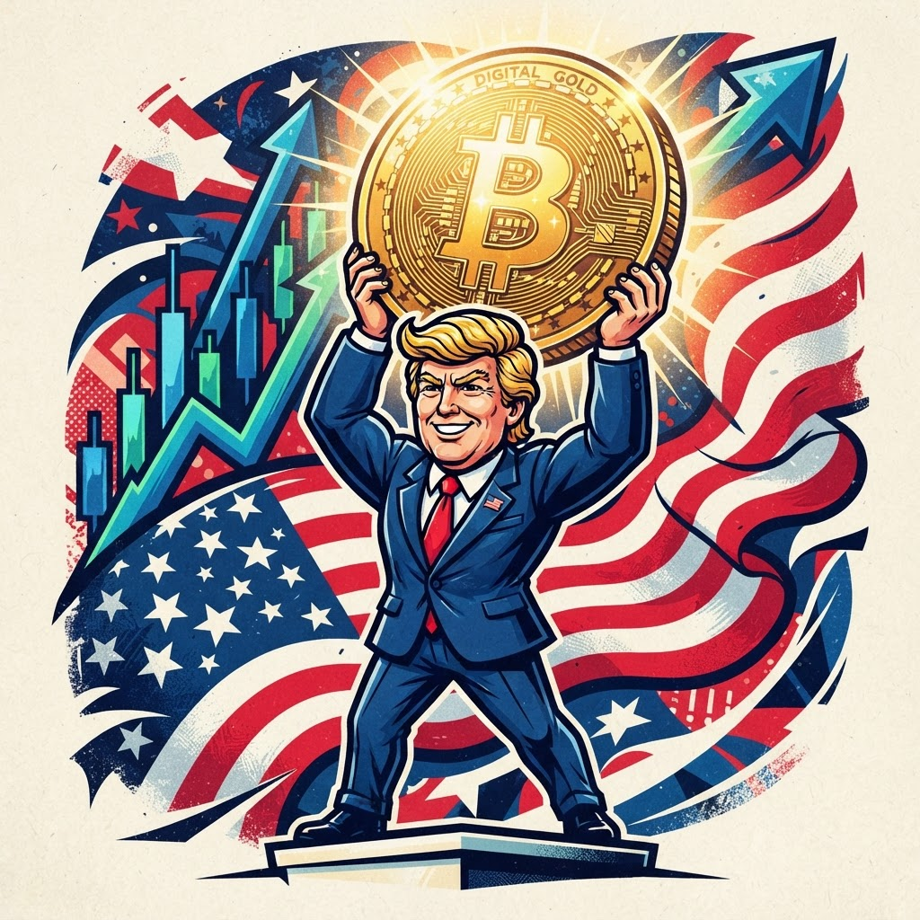 Cartoon president mascot holding a giant gold $POTUS coin